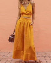 Lace-up Crop Tank Long Pants Sets